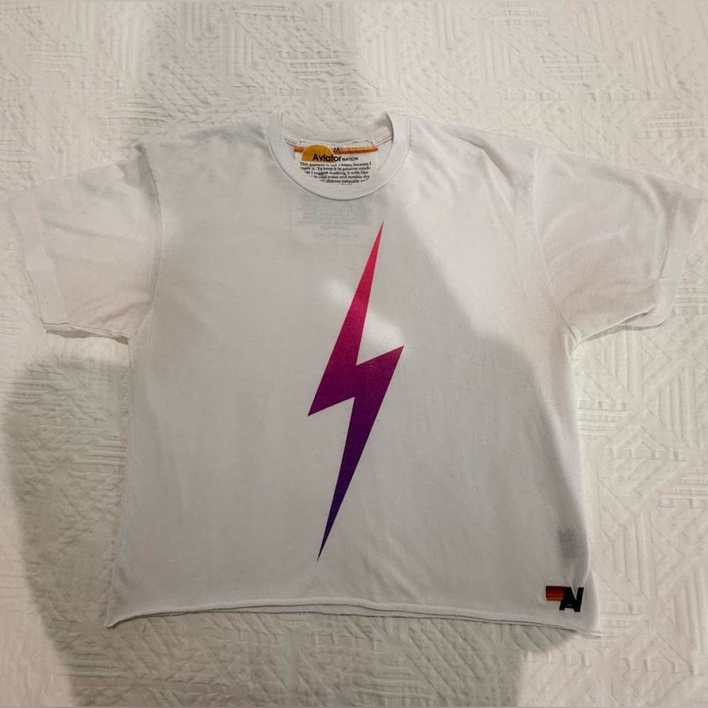 Aviator Nation Women’s White Tee with Pink-to-Purple Lightning Bolt